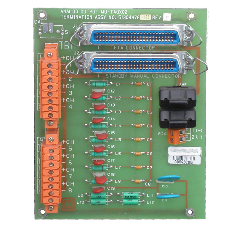 The Analog Output model 51304476-175 (MU-TAOX02) FTA along with compatible IOP provides eight 4-20 mA outputs to proportioning loads, such as valves.